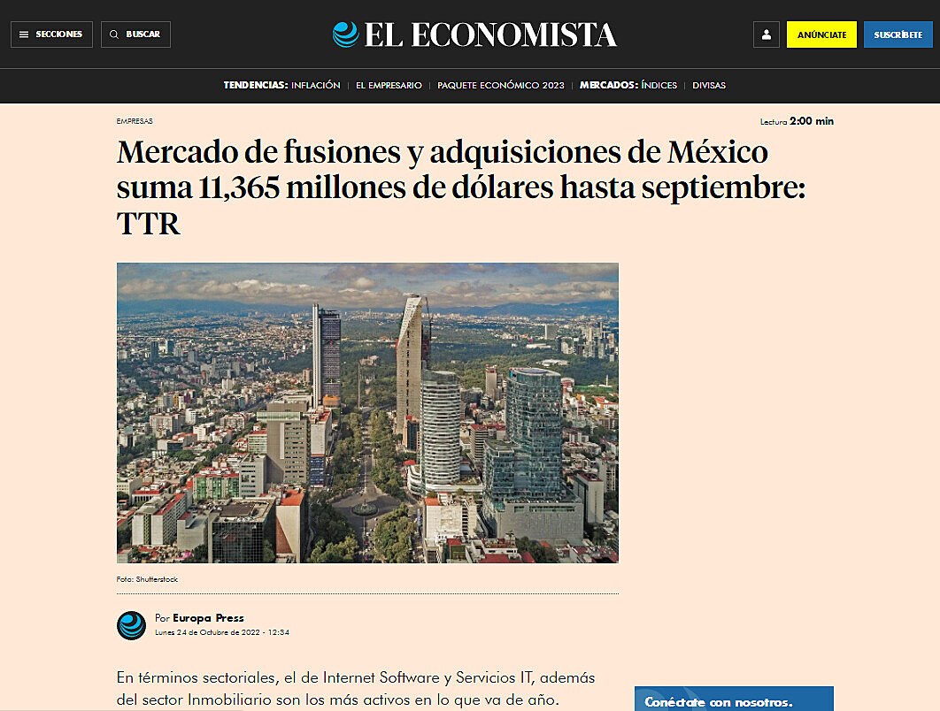Mercado de fusiones y adquisiciones de Mxico suma 11,365 millones de dlares hasta septiembre: TTR